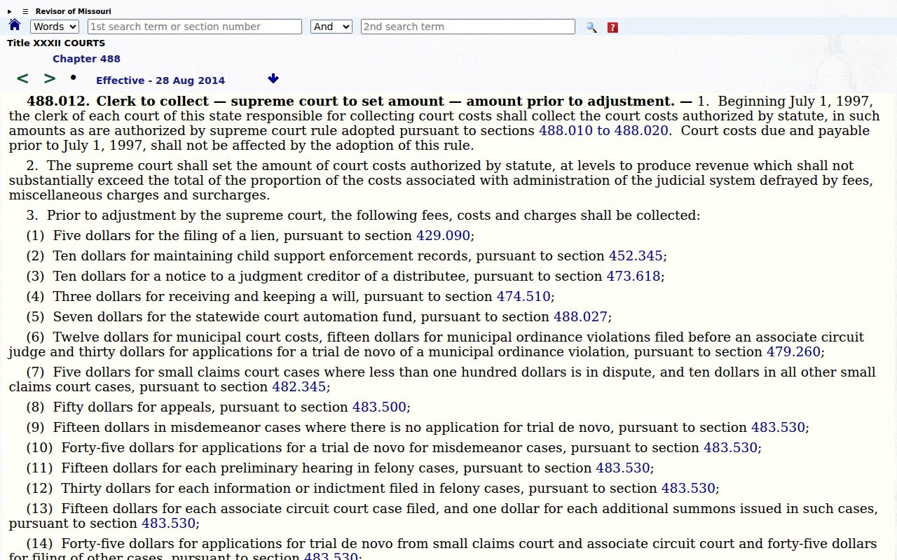 Putnam County civil docket court-cost authority reference