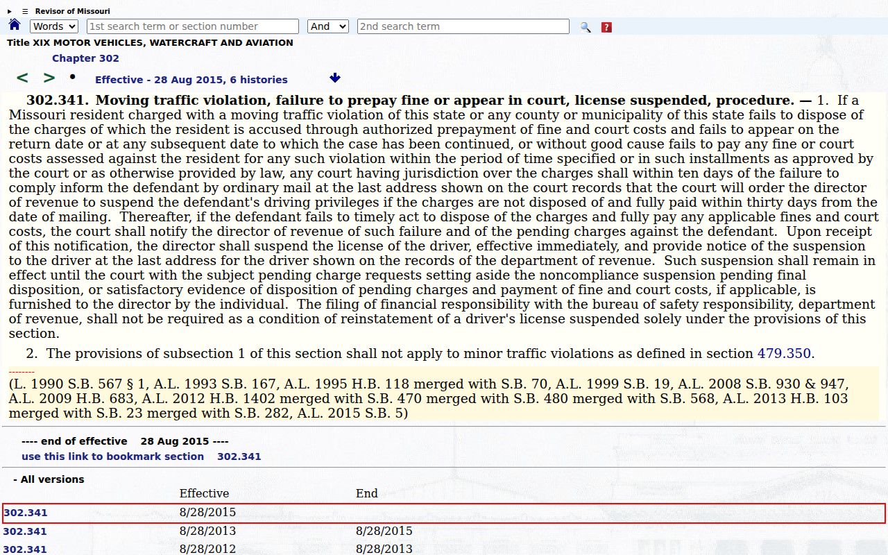 Putnam County traffic court records reference for Missouri failure-to-appear law